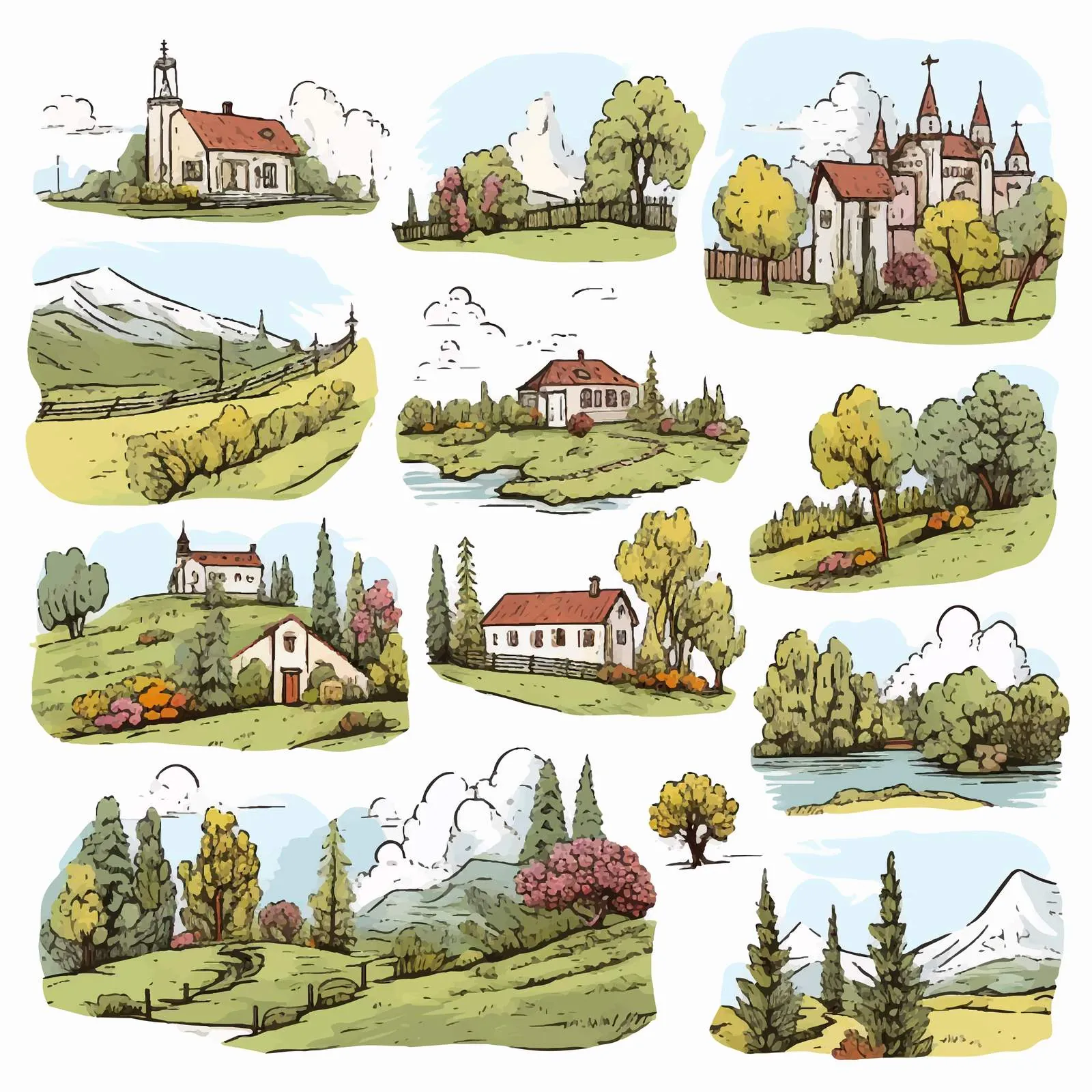 Colorful Georgian Landscapes Hand-Drawn Sketches — free download from Dotvec