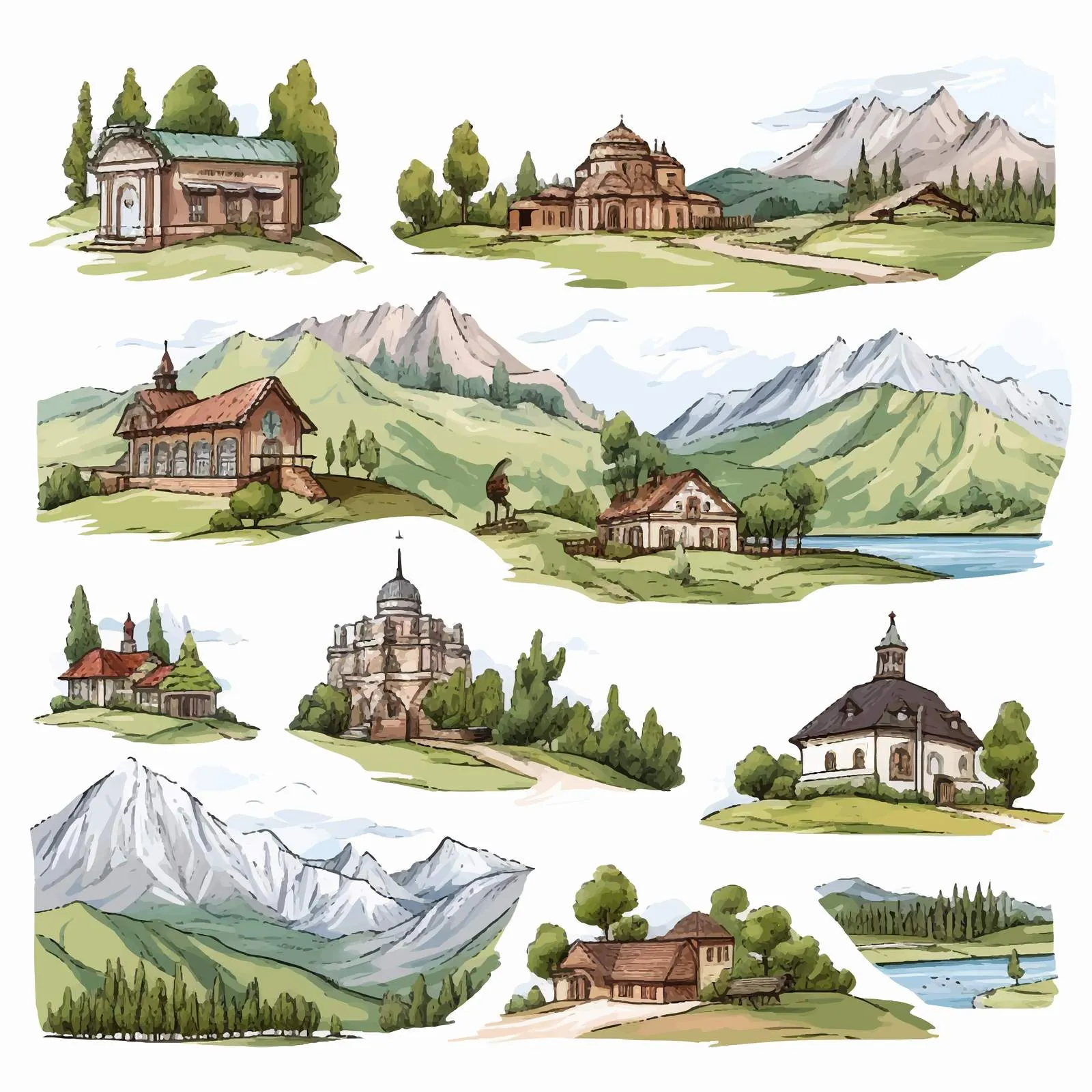 Colorful Georgian Landscape Sketches in Vectors — free download from Dotvec