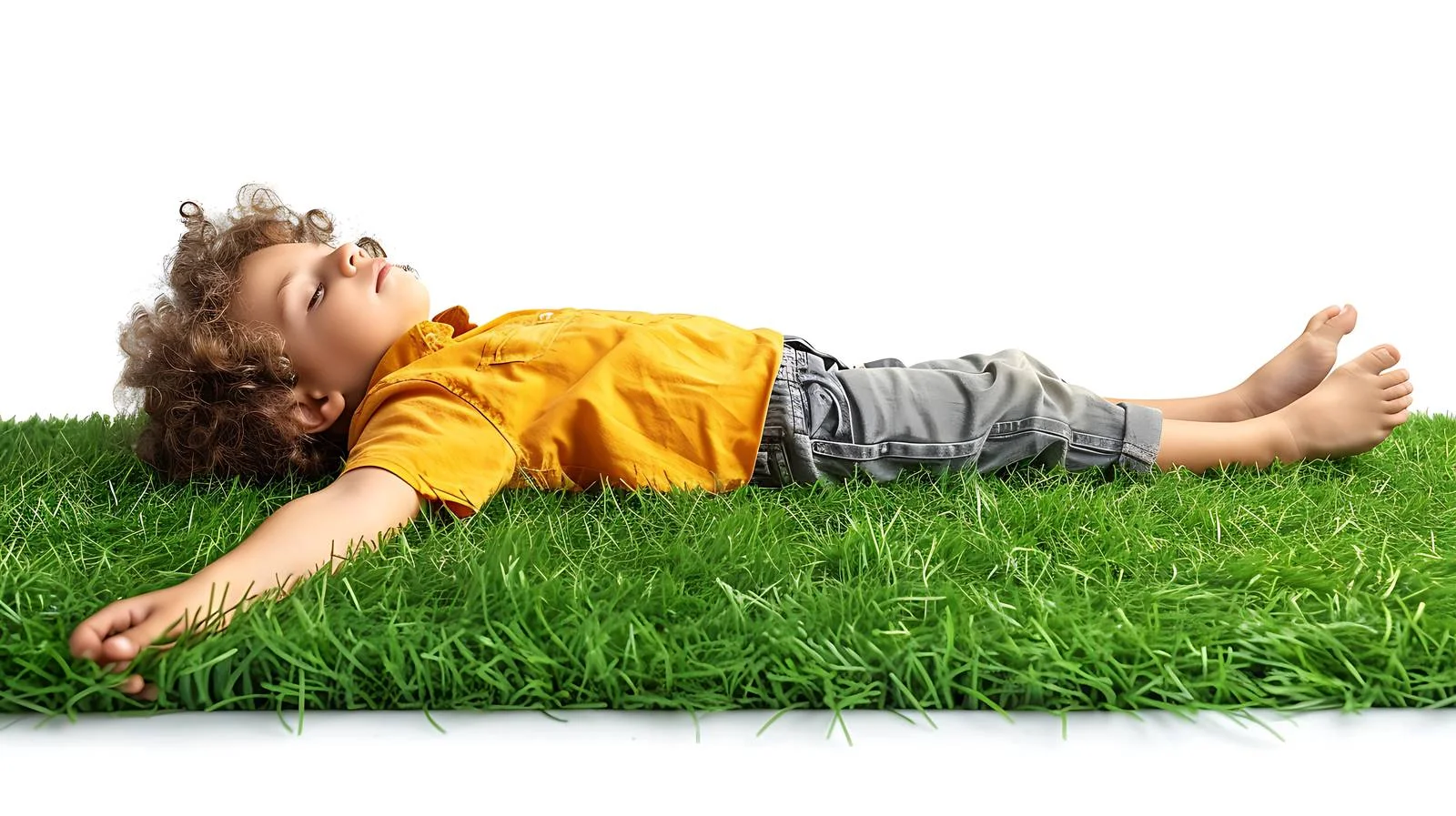 Cheerful preschooler relaxing on vibrant grass — free download from Dotvec