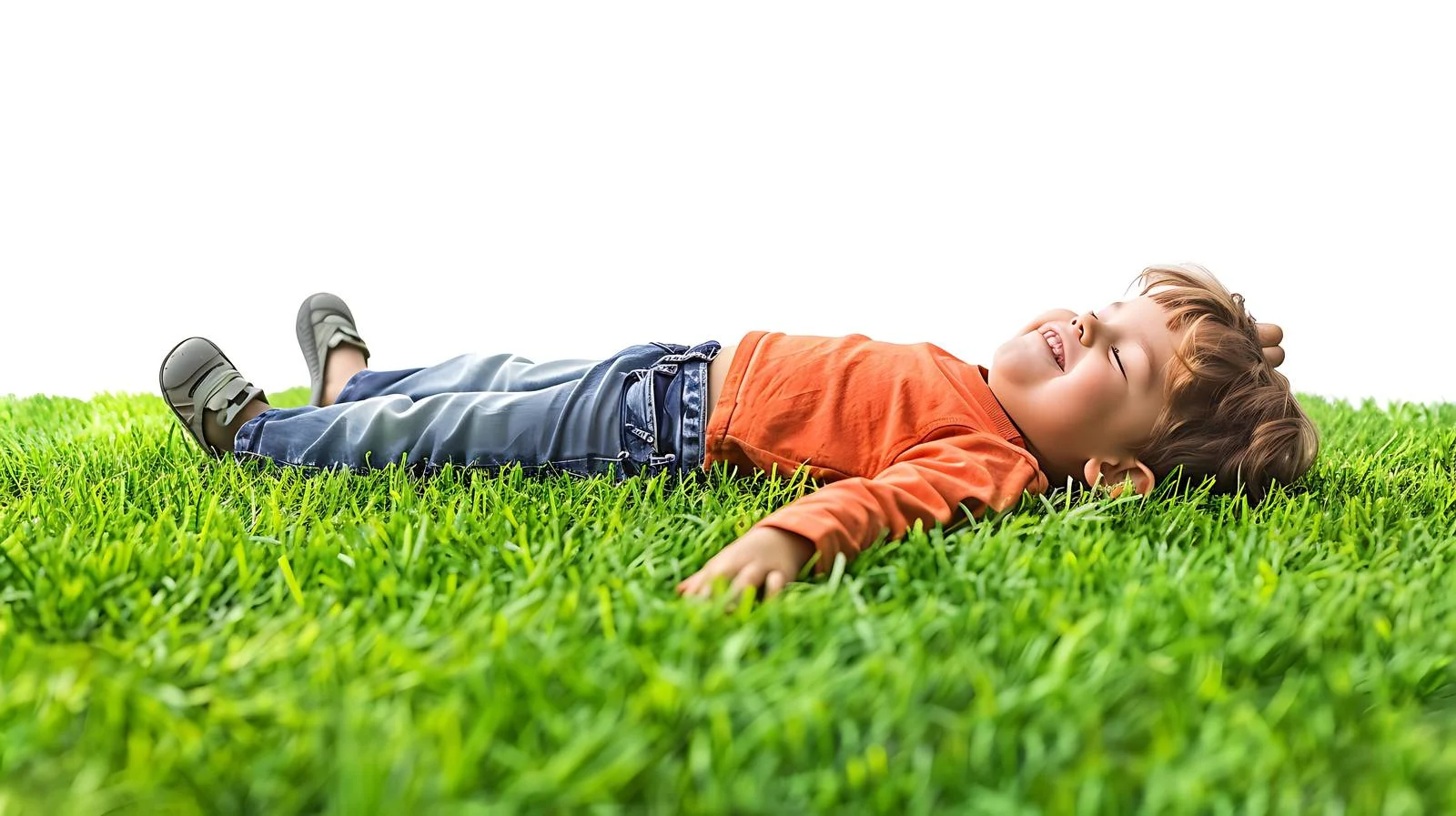 Cheerful preschooler resting on green grass – free verdant image from Dotvec