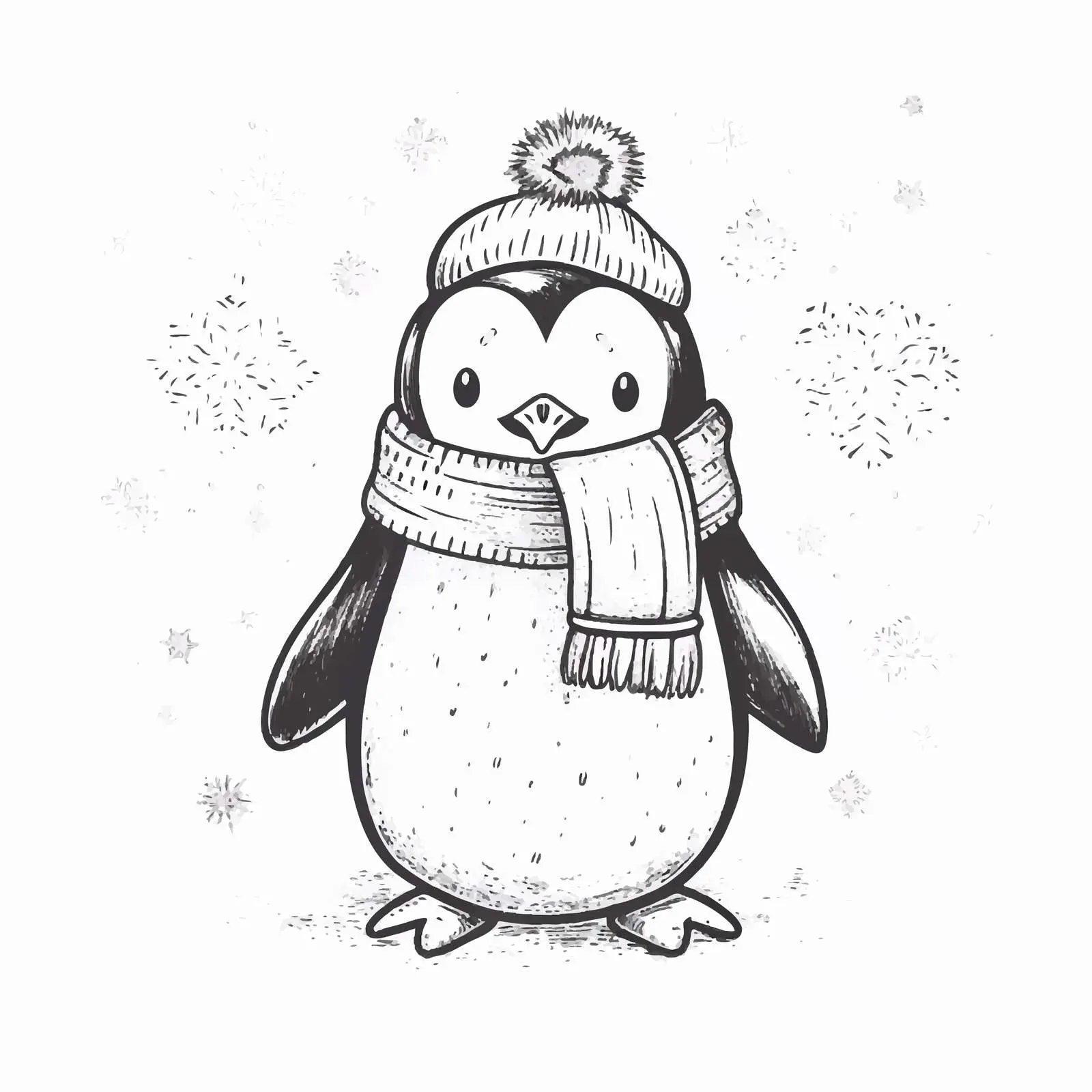 Hand-Drawn Retro Penguin with Snowflakes Illustration — free download from Dotvec