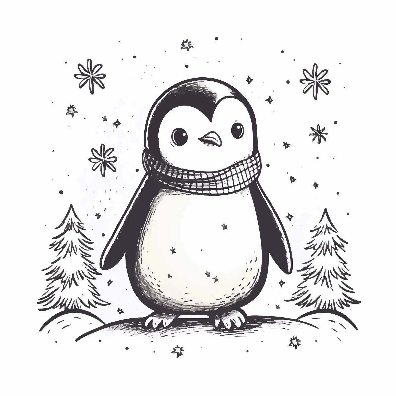 Hand-Drawn Retro Penguin with Snowflakes Illustration — free download from Dotvec