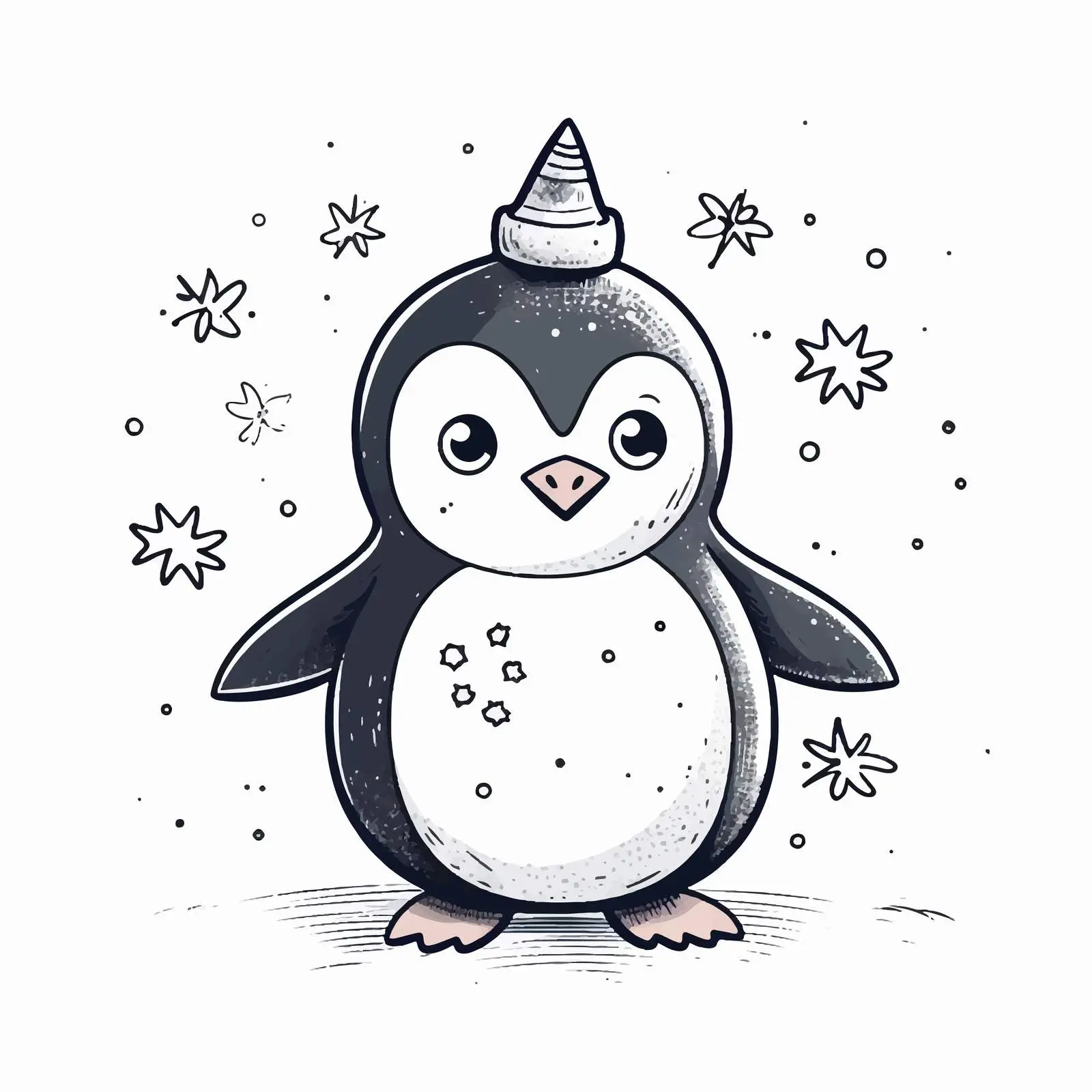 Hand-Drawn Retro Penguin with Snowflakes Sketch — free download from Dotvec