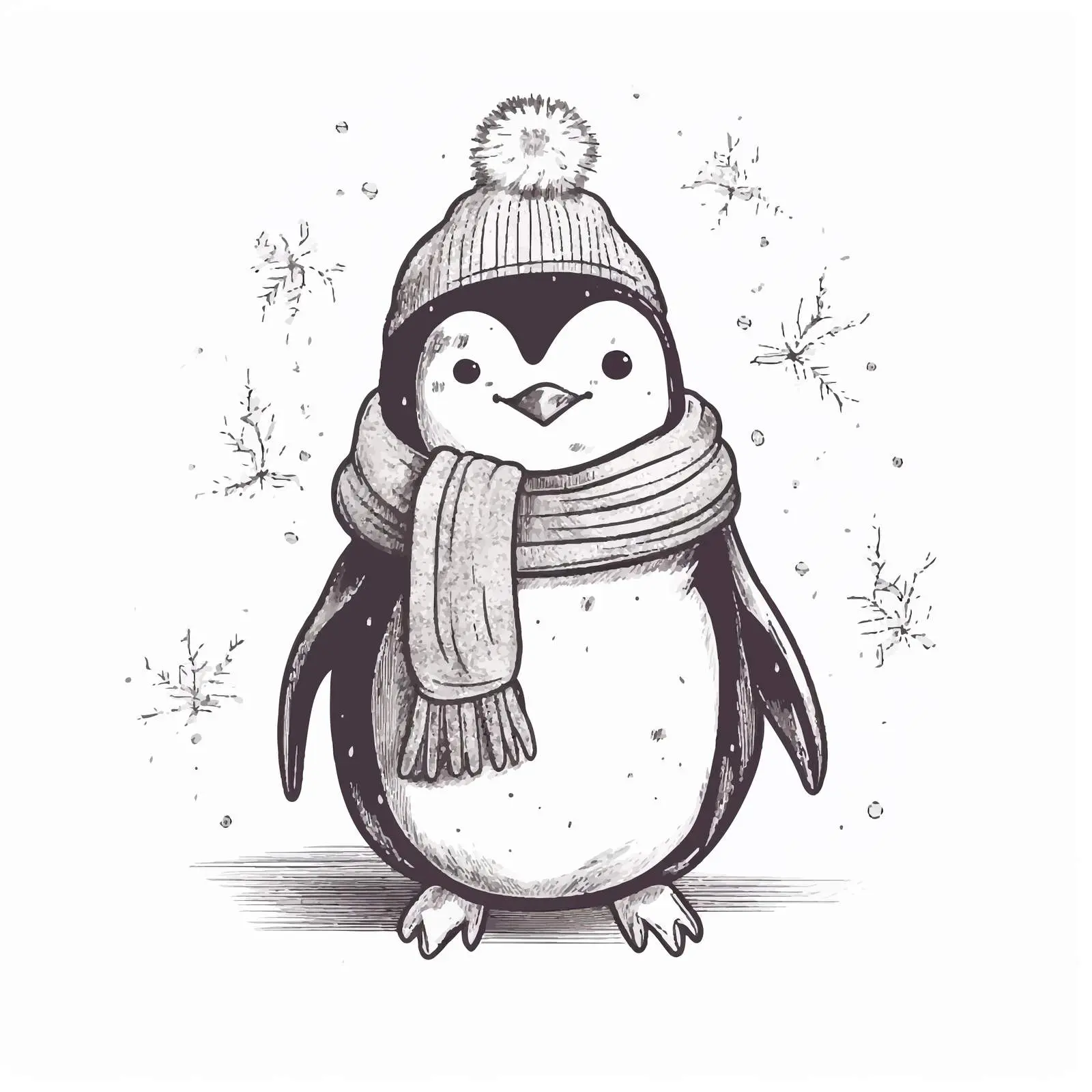 Hand-Drawn Retro Penguin with Snowflakes — free download from Dotvec