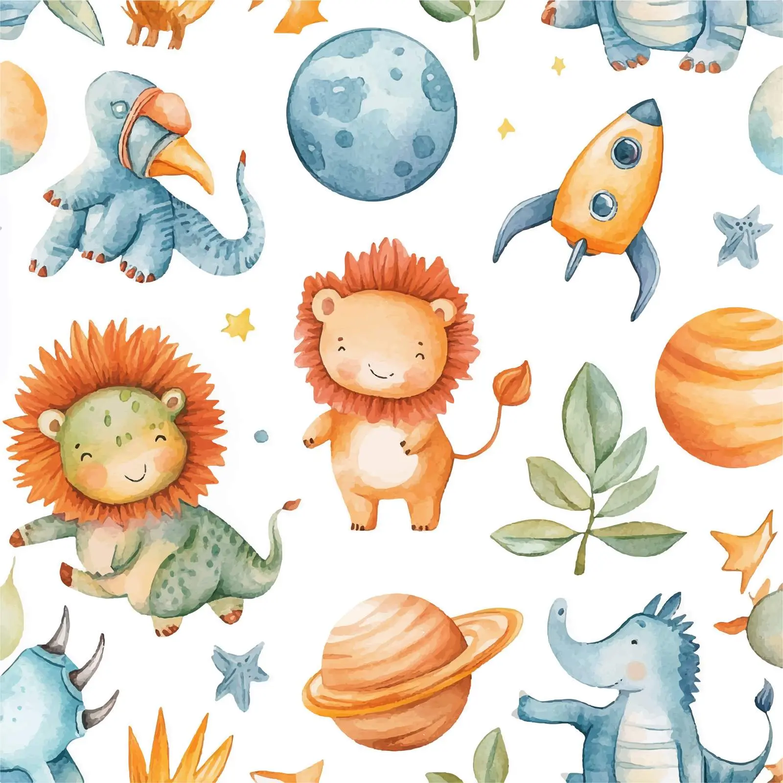 Watercolor Rhinoceros and Alien Rocket Adventure – free cosmic image from Dotvec