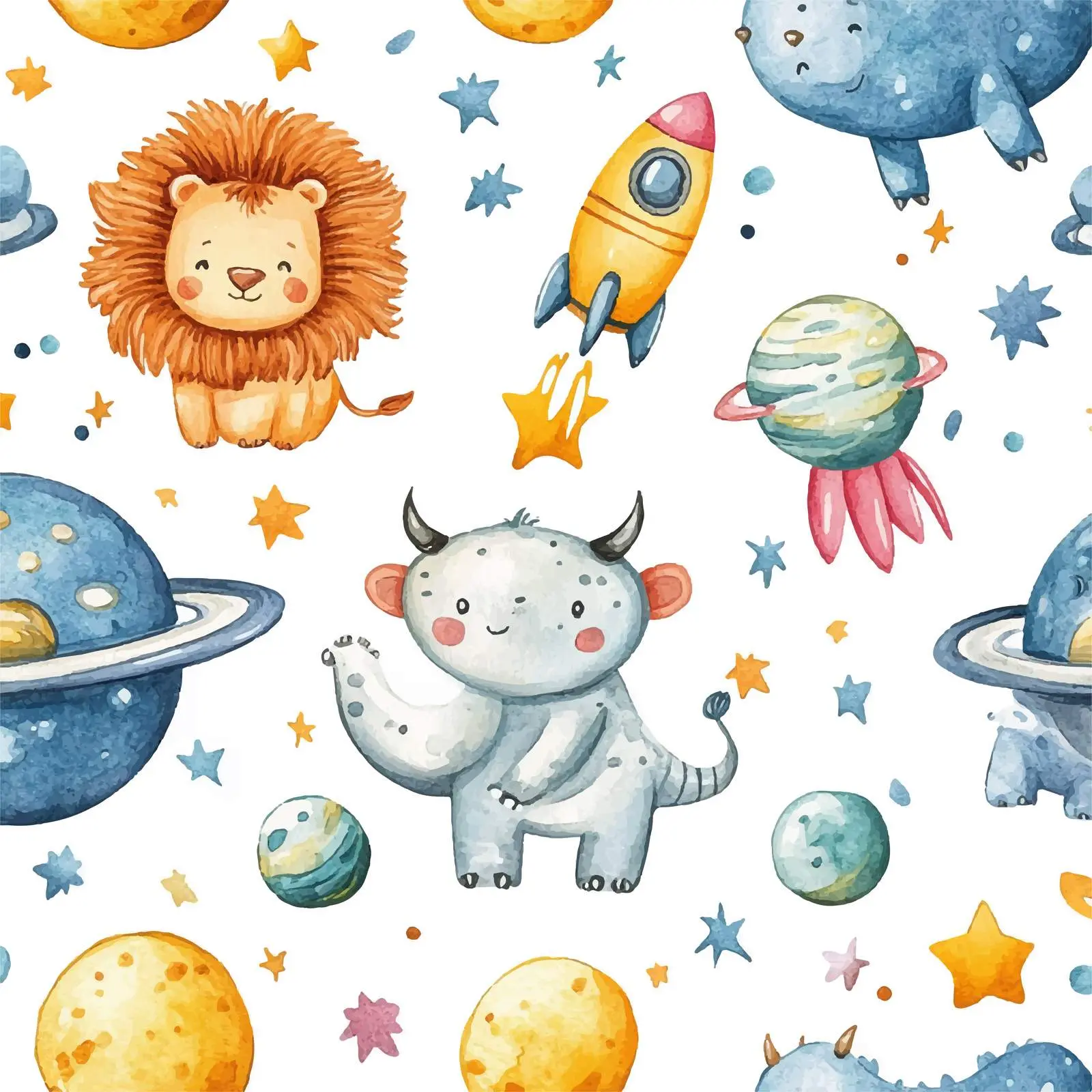 Watercolor Rhinoceros Lion Alien Space Adventure – free cosmic image from Dotvec