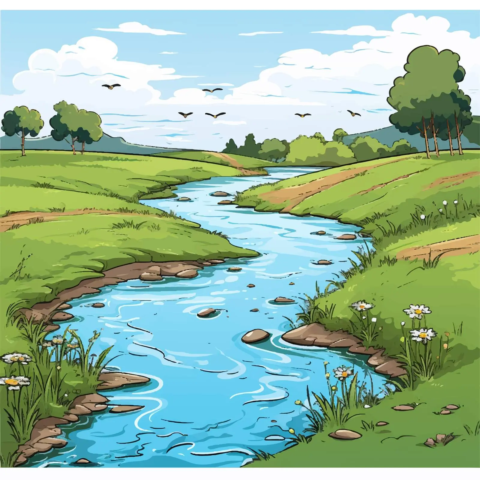 Cartoon Vector of River Crossing a Field — free download from Dotvec