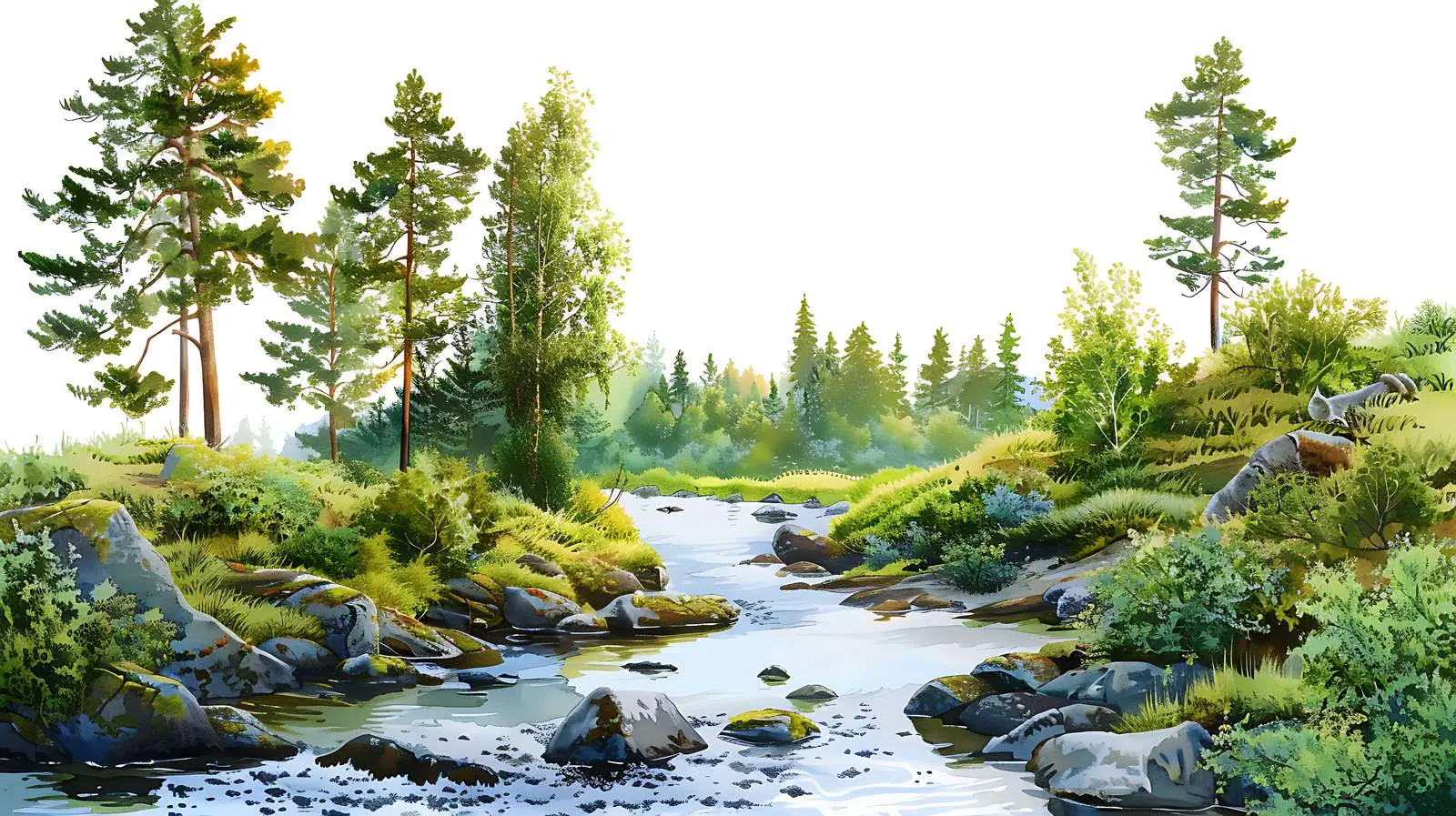 River in Spring Forest on White Background — free download from Dotvec