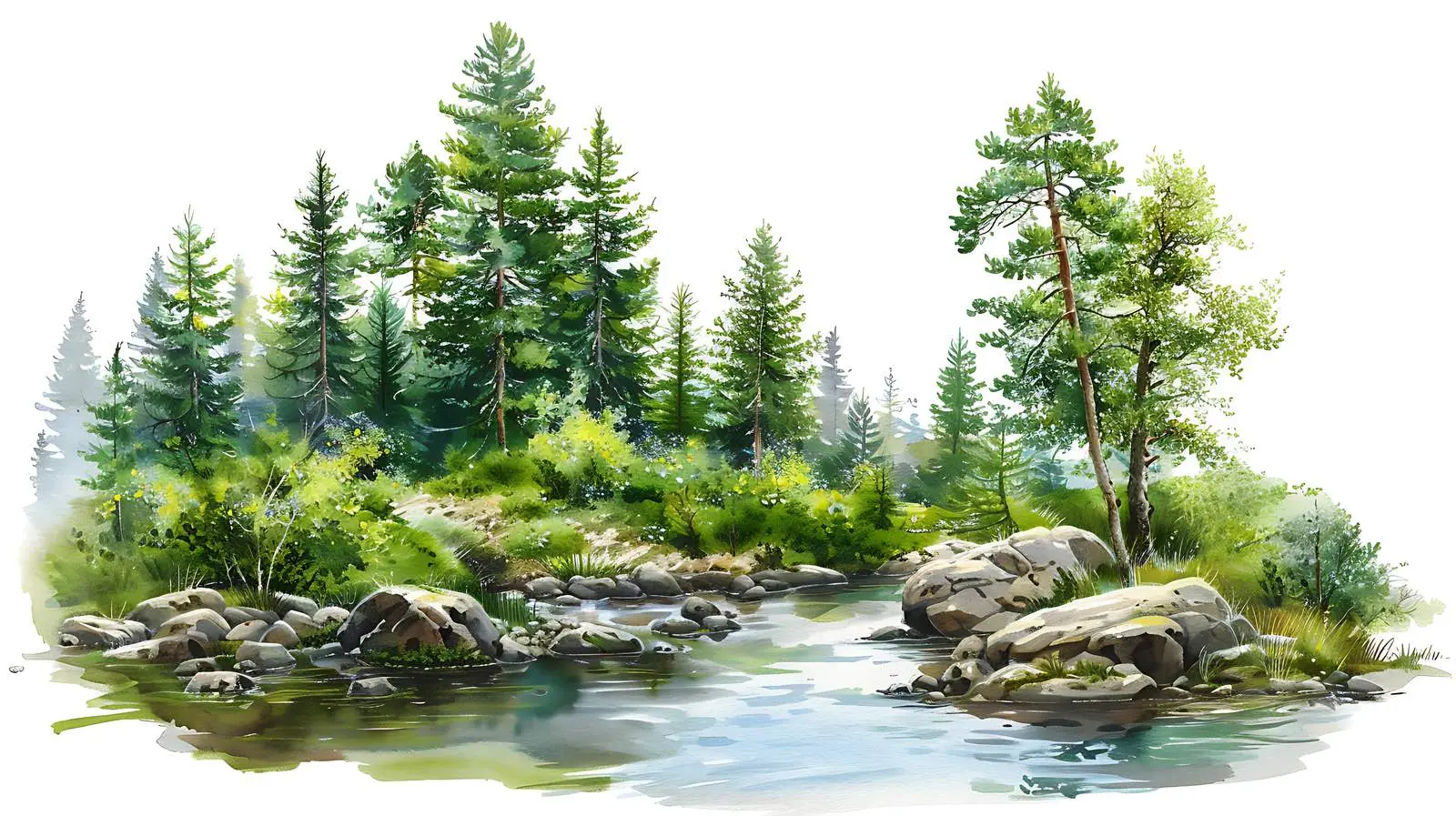 Spring Forest River on White Background – free ecology image from Dotvec