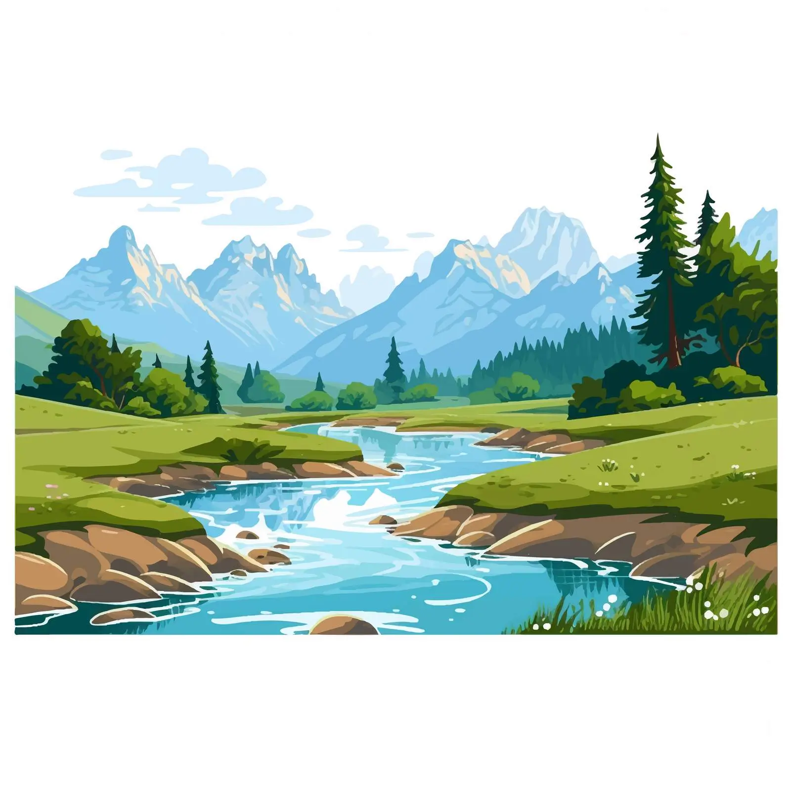 Cartoon River Scene with Lawn and Mountains — free download from Dotvec