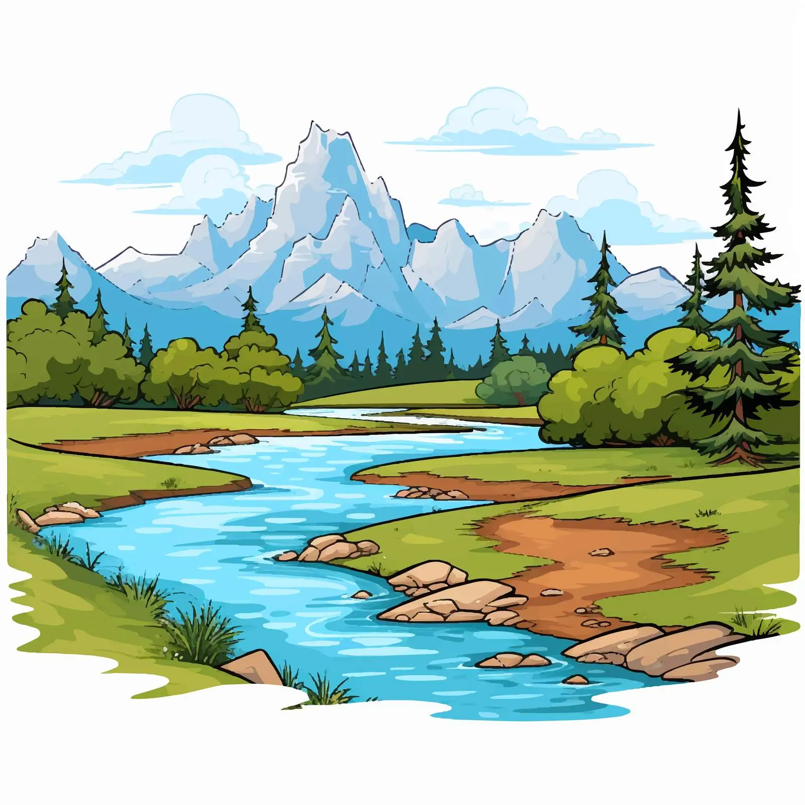 Cartoon River Scene with Lawn and Mountains — free download from Dotvec