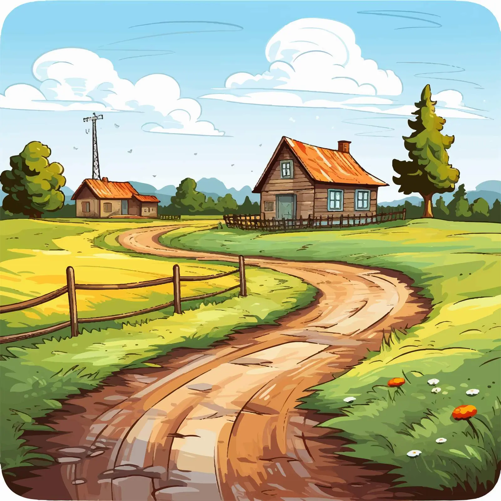 Countryside Road with Houses and Fields Vector — free download from Dotvec