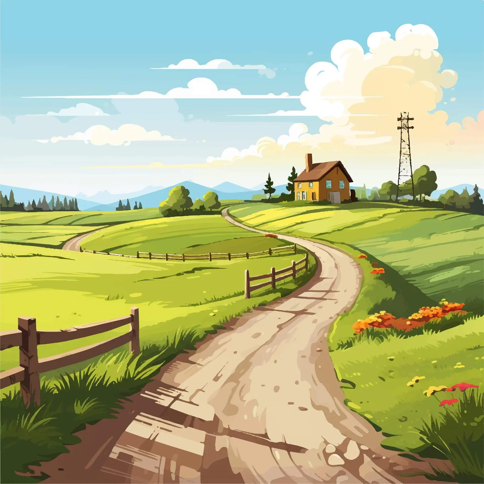 Scenic Road to Countryside with Houses and Fields — free download from Dotvec