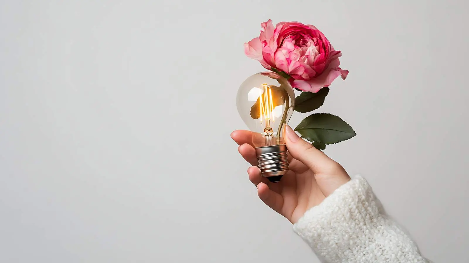 Rosette Holding Glowing Light Bulb on White Background – free light source image from Dotvec