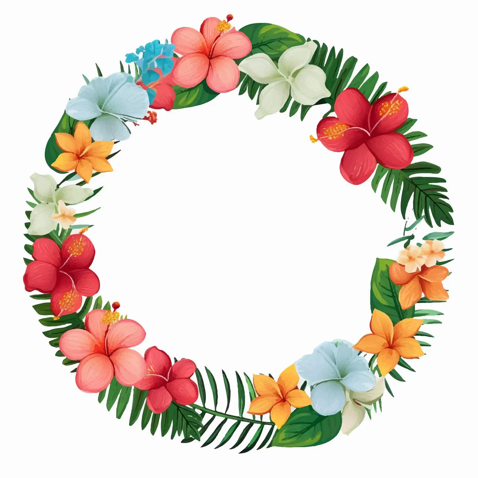 Tropical Flowers and Leaves Round Frame Design — free download from Dotvec