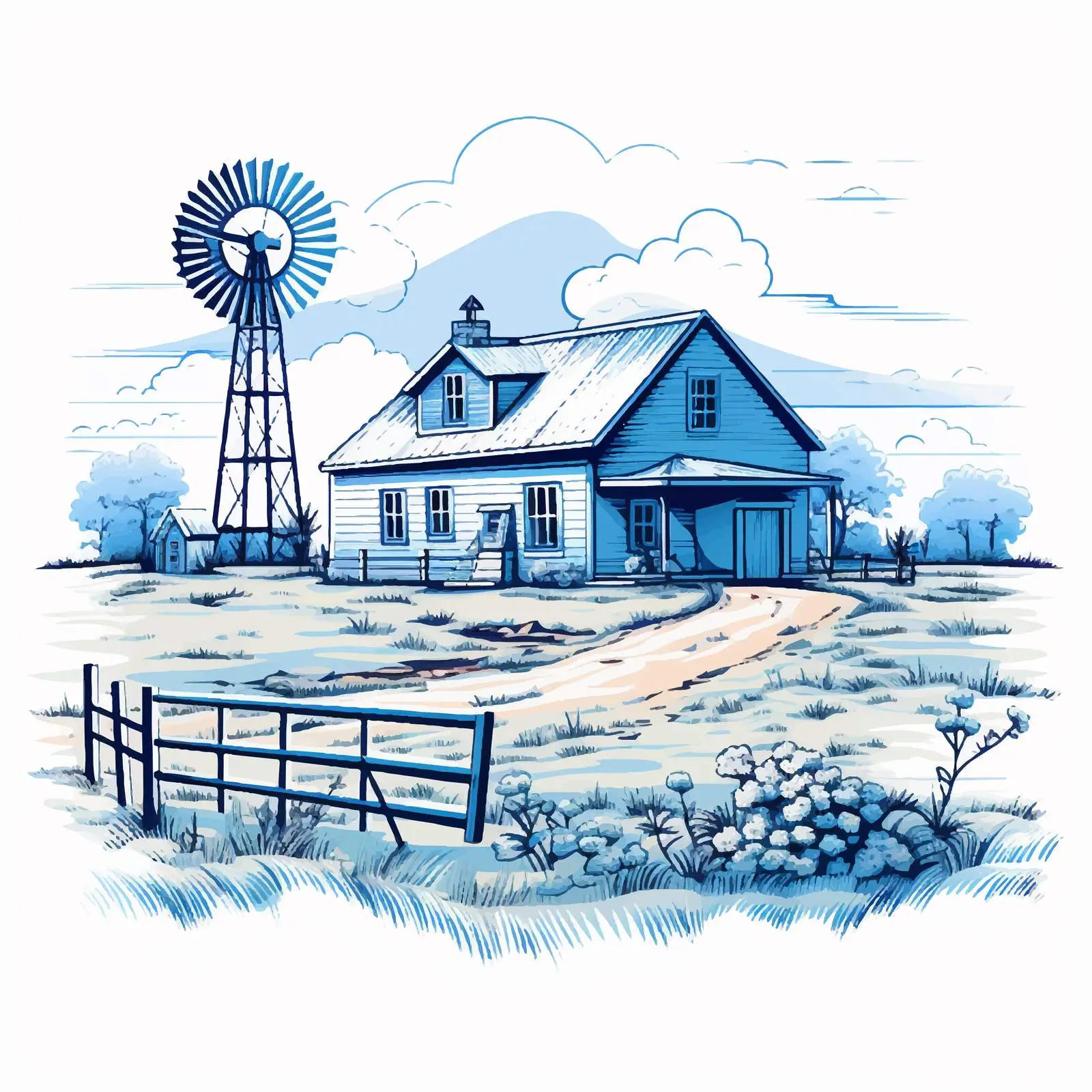 Blue Outline Vector of Rural Farm House – free farm scenery image from Dotvec