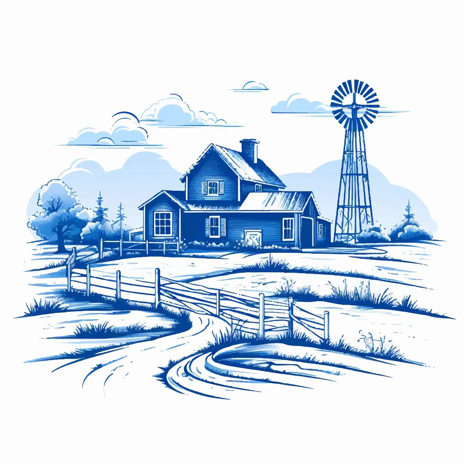 Blue Linear Outline of Rural Farm House — free download from Dotvec