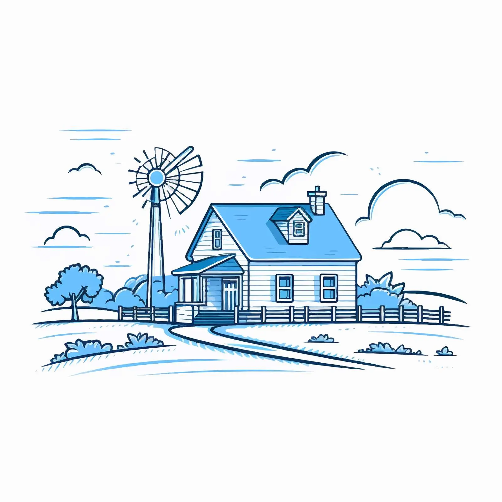 Blue Linear Outline of Rural Farm House Vector – free blue vector image from Dotvec