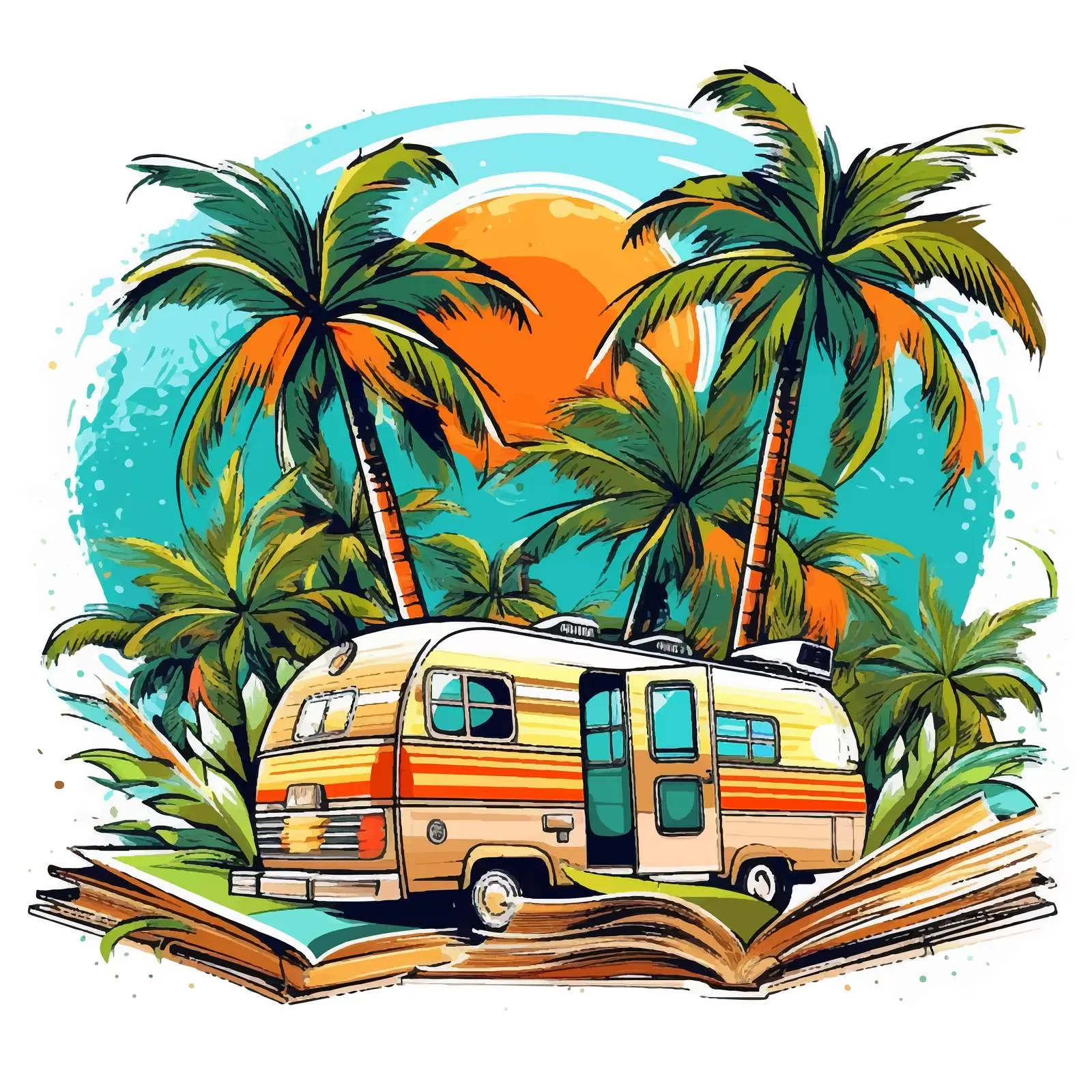 RVs and Palm Trees on Open Book Vector – free recreational vehicle image from Dotvec