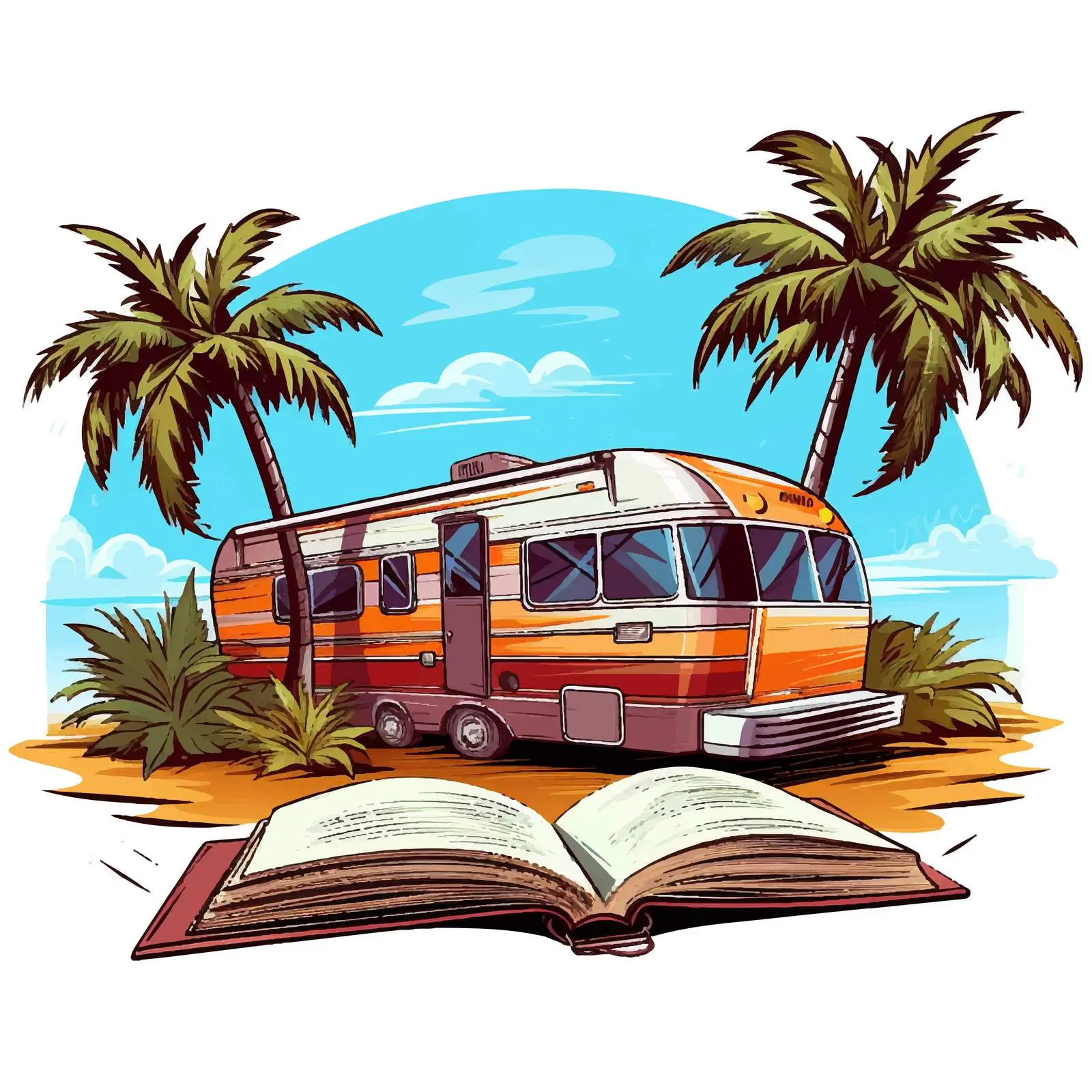 RVs and Palm Trees on Open Book Illustration — free download from Dotvec