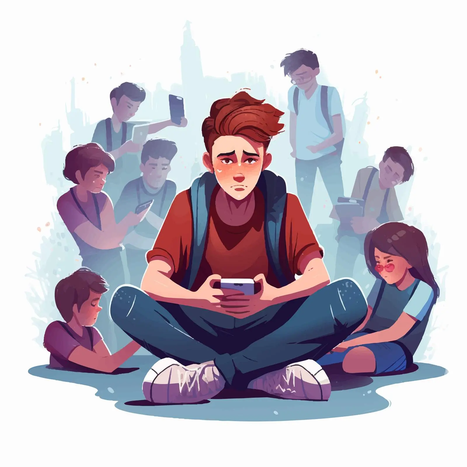 Sad Teenage Boy with Classmates on Floor – free rounded image from Dotvec