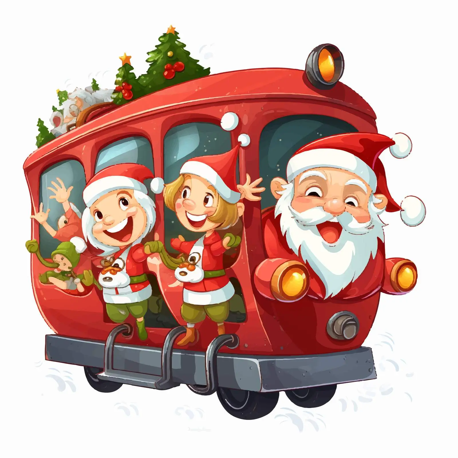 Santa and Elves Riding Train Vector Illustration — free download from Dotvec