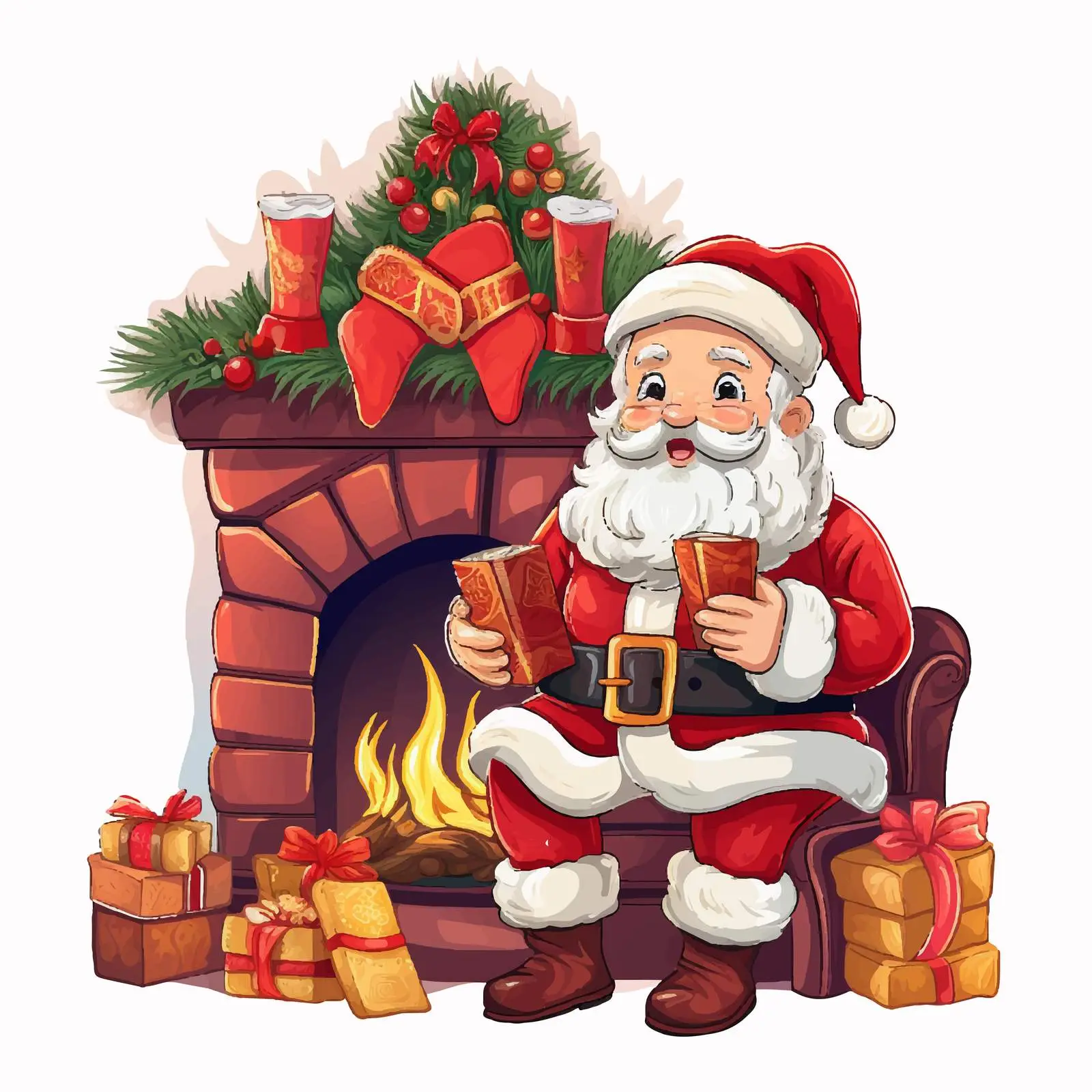 Santa Claus by Fireplace with Gift Boxes — free download from Dotvec
