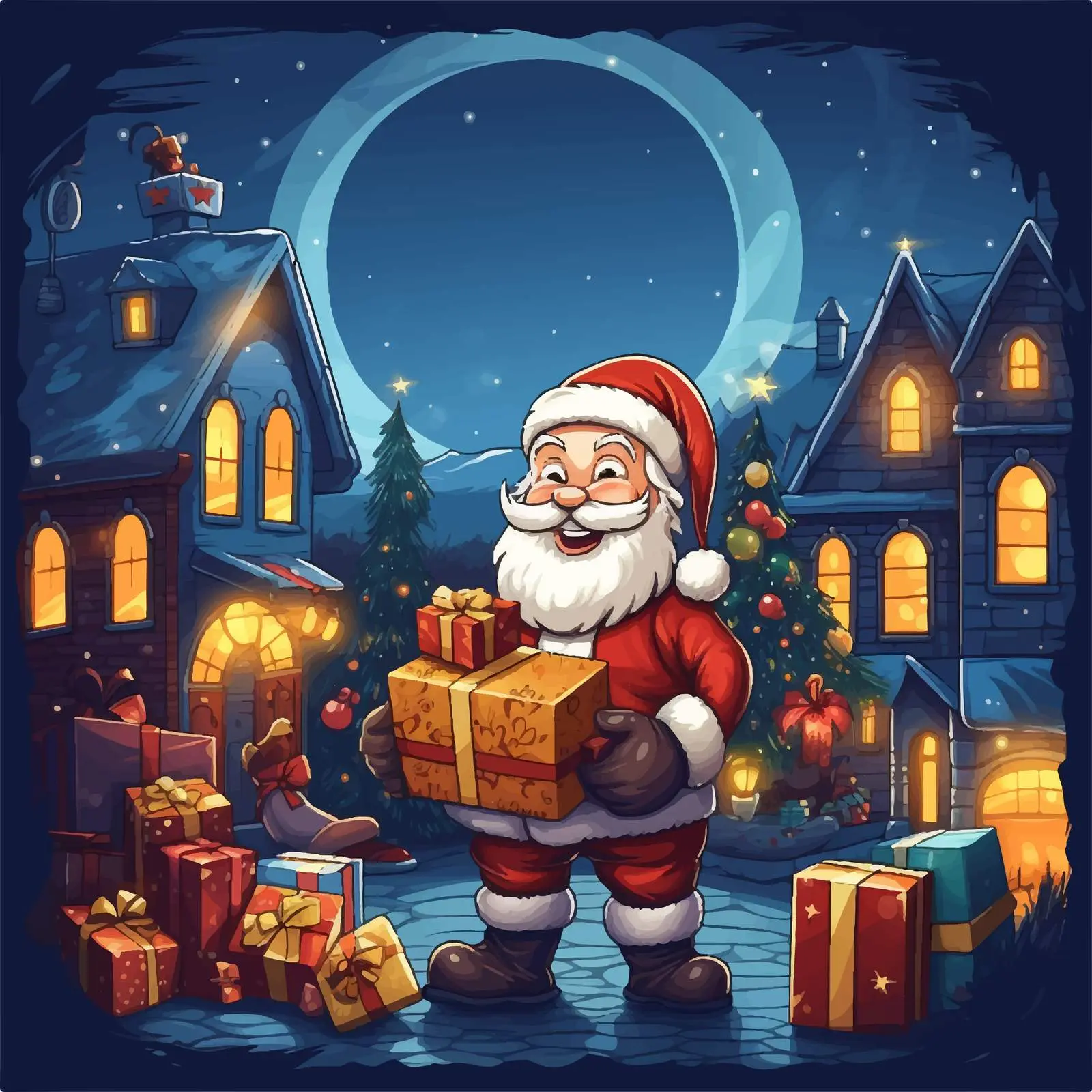 Santa Delivering Gifts at Night Illustration — free download from Dotvec