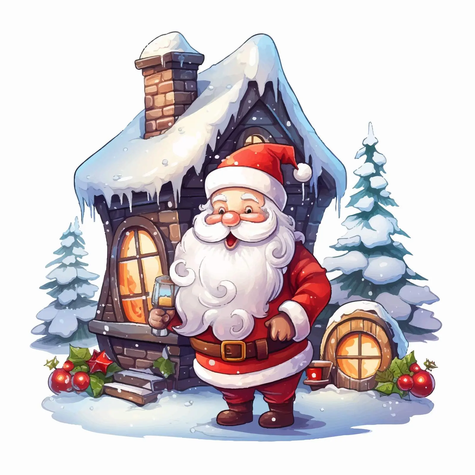 Santa by Mushroom House in Snowy Landscape — free download from Dotvec