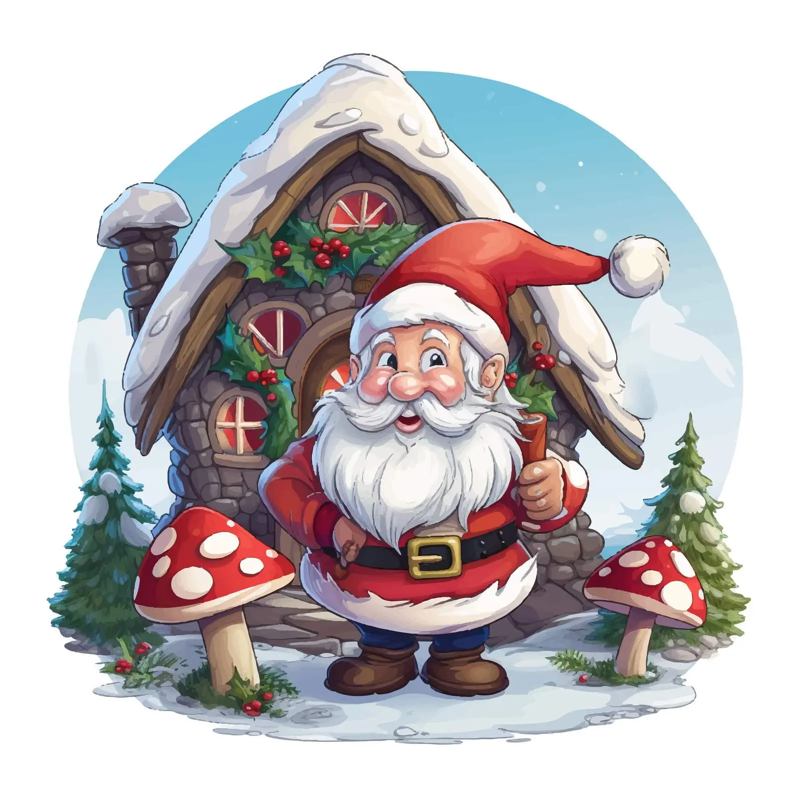 Santa Outside Mushroom House in Snowy Landscape — free download from Dotvec