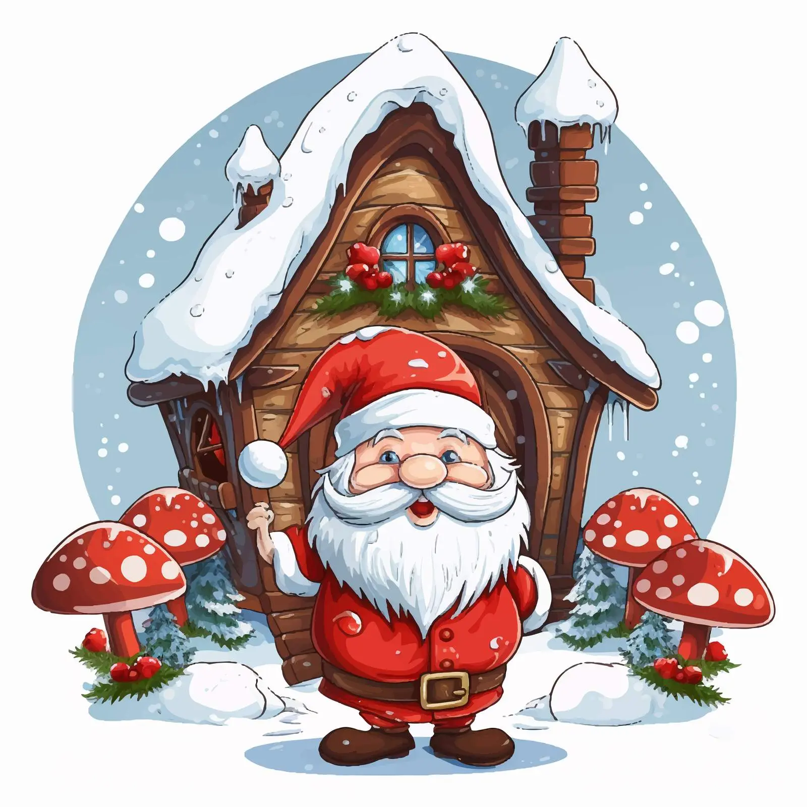 Santa Outside Mushroom House in Snowy Landscape — free download from Dotvec