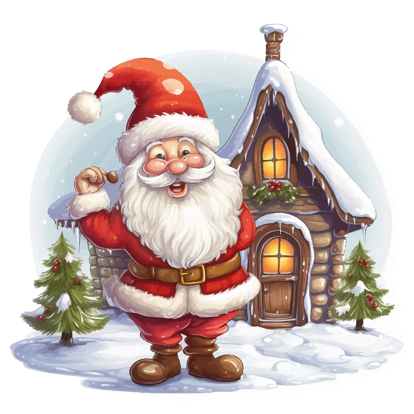 Santa Outside Mushroom House in Snowy Landscape — free download from Dotvec