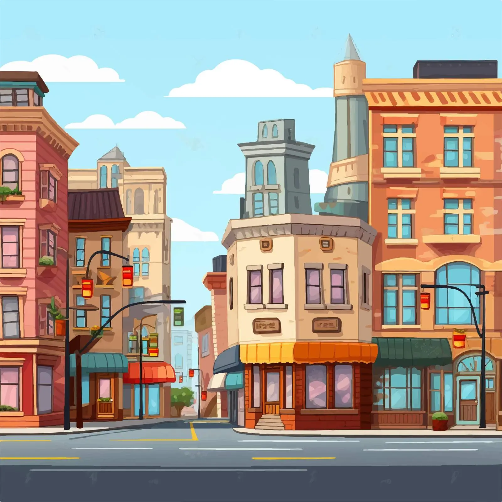 Cartoon Vector of Buildings Along a Street – free sidewalk image from Dotvec