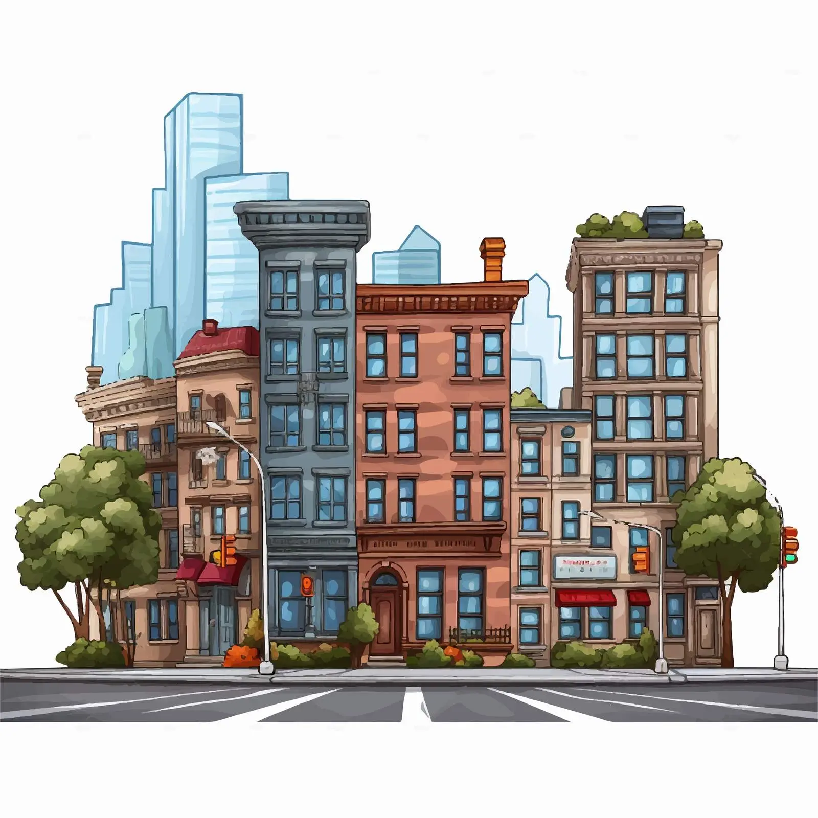 Cartoon Vector of Street Scene with Buildings — free download from Dotvec