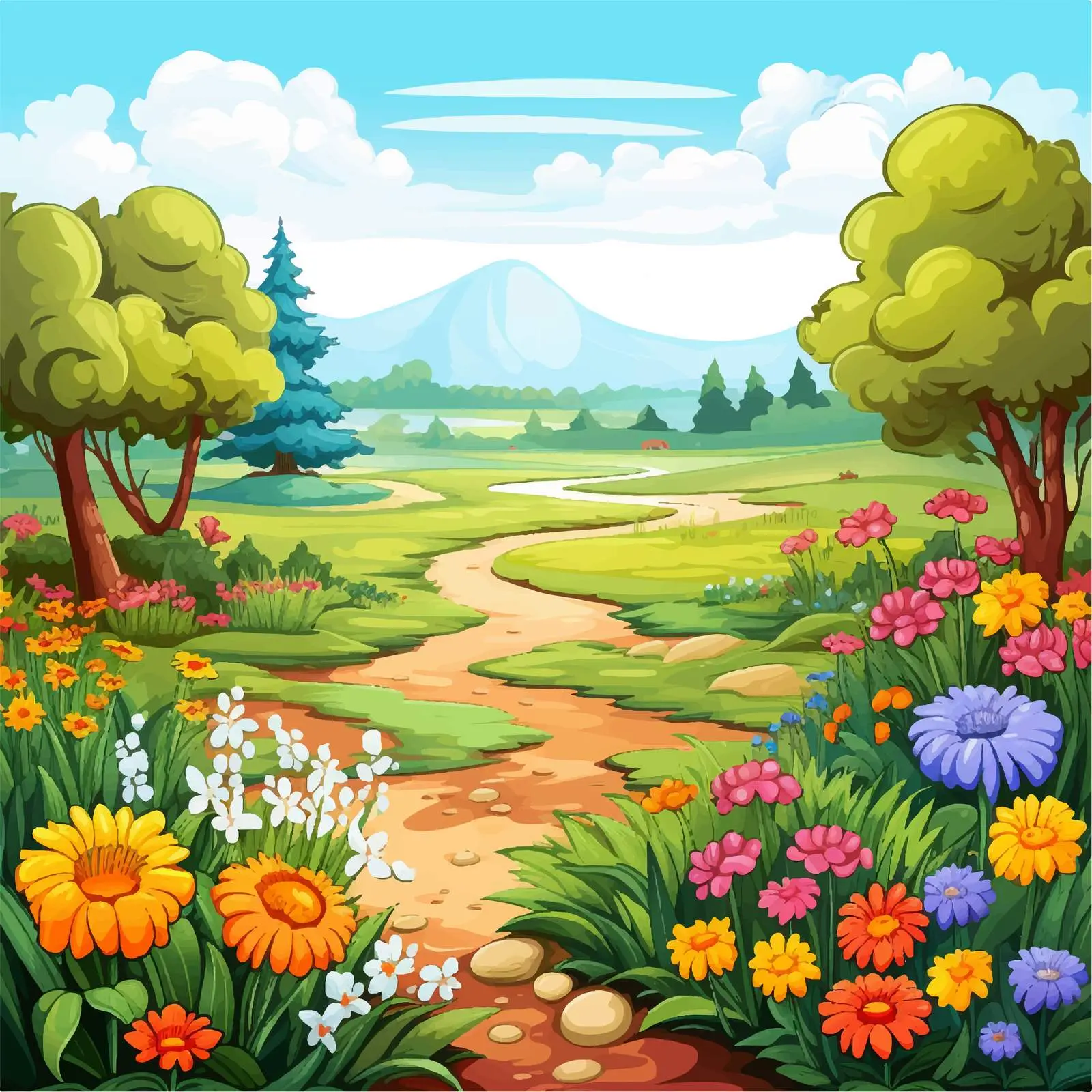 Garden Scene with Flowers and Fields Vector Art — free download from Dotvec