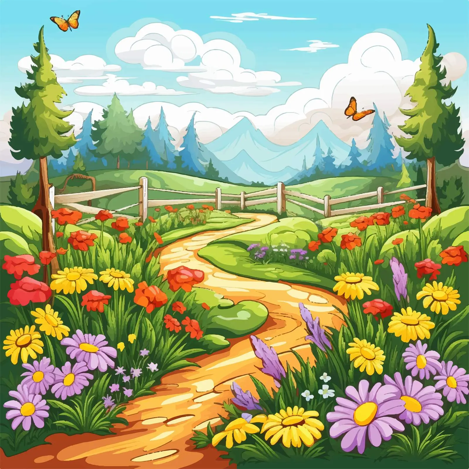 Colorful Garden Scene with Flowers and Fields — free download from Dotvec
