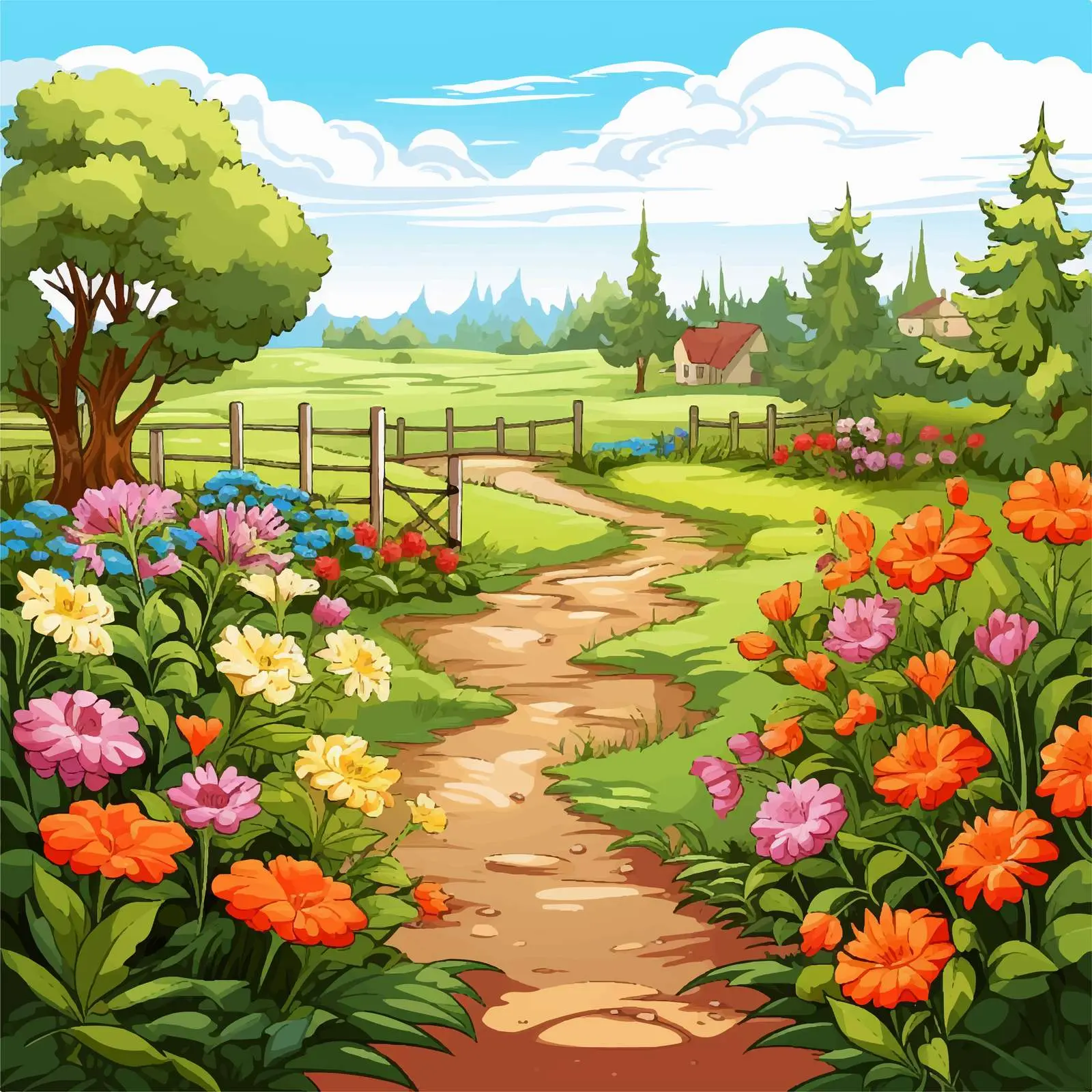 Colorful Garden Scene with Field and Flowers – free plant illustrations image from Dotvec
