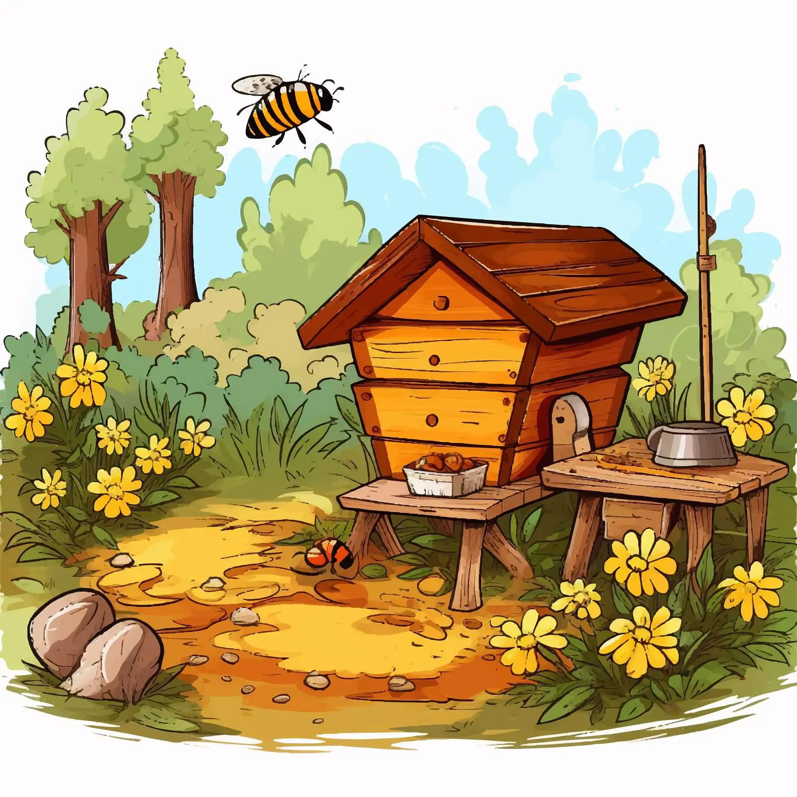 Bees and Beehive Illustration in Garden — free download from Dotvec