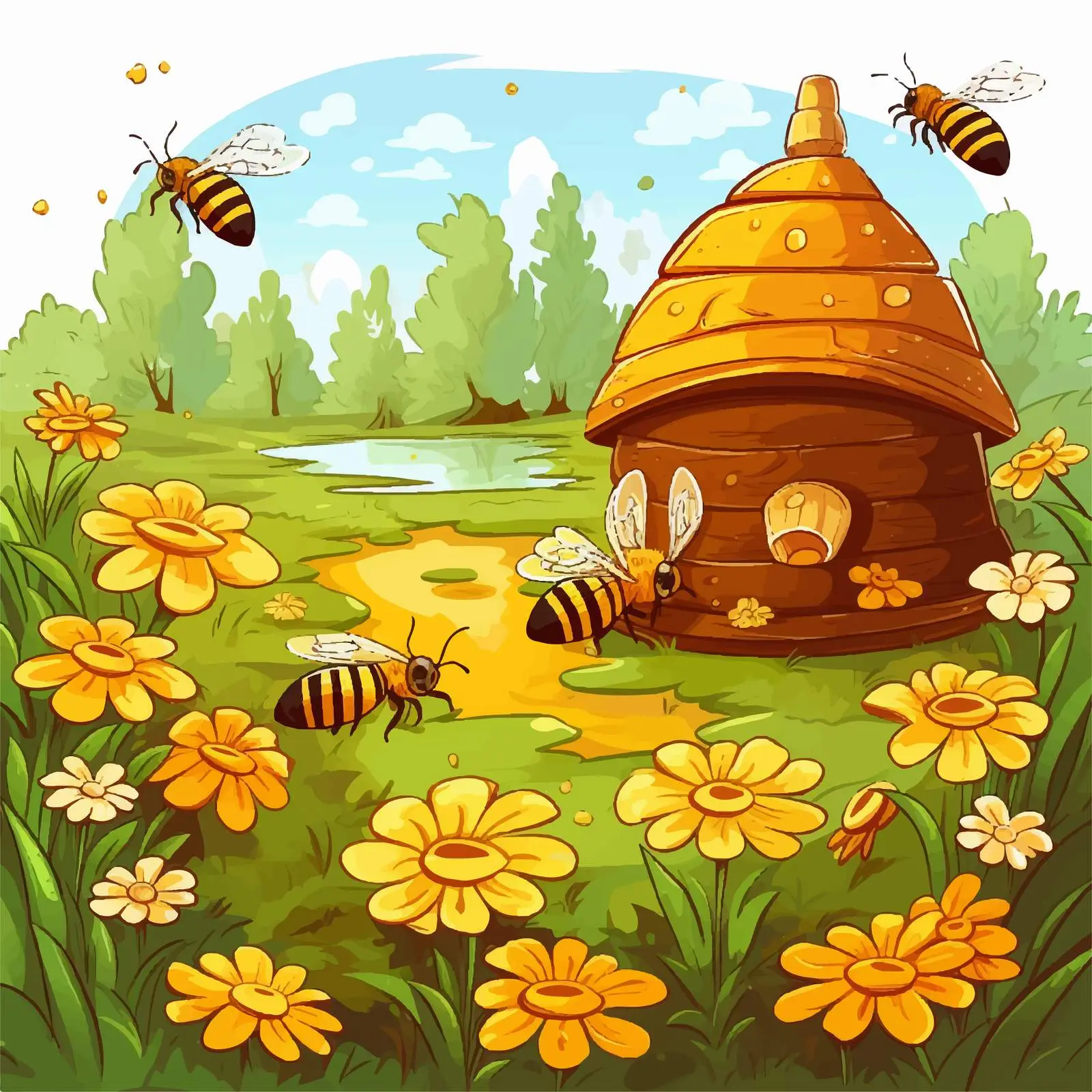 Bees and Beehive in Garden Vector Illustration — free download from Dotvec