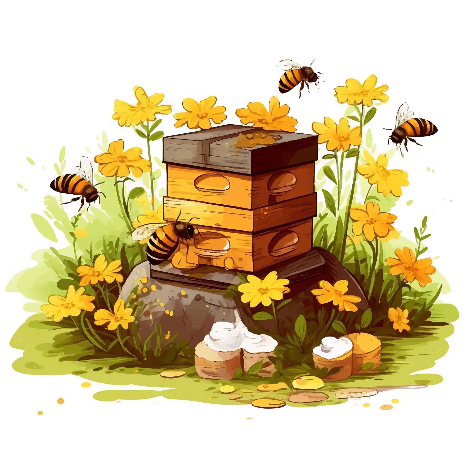 Bees and Beehive in Garden Vector Illustration — free download from Dotvec