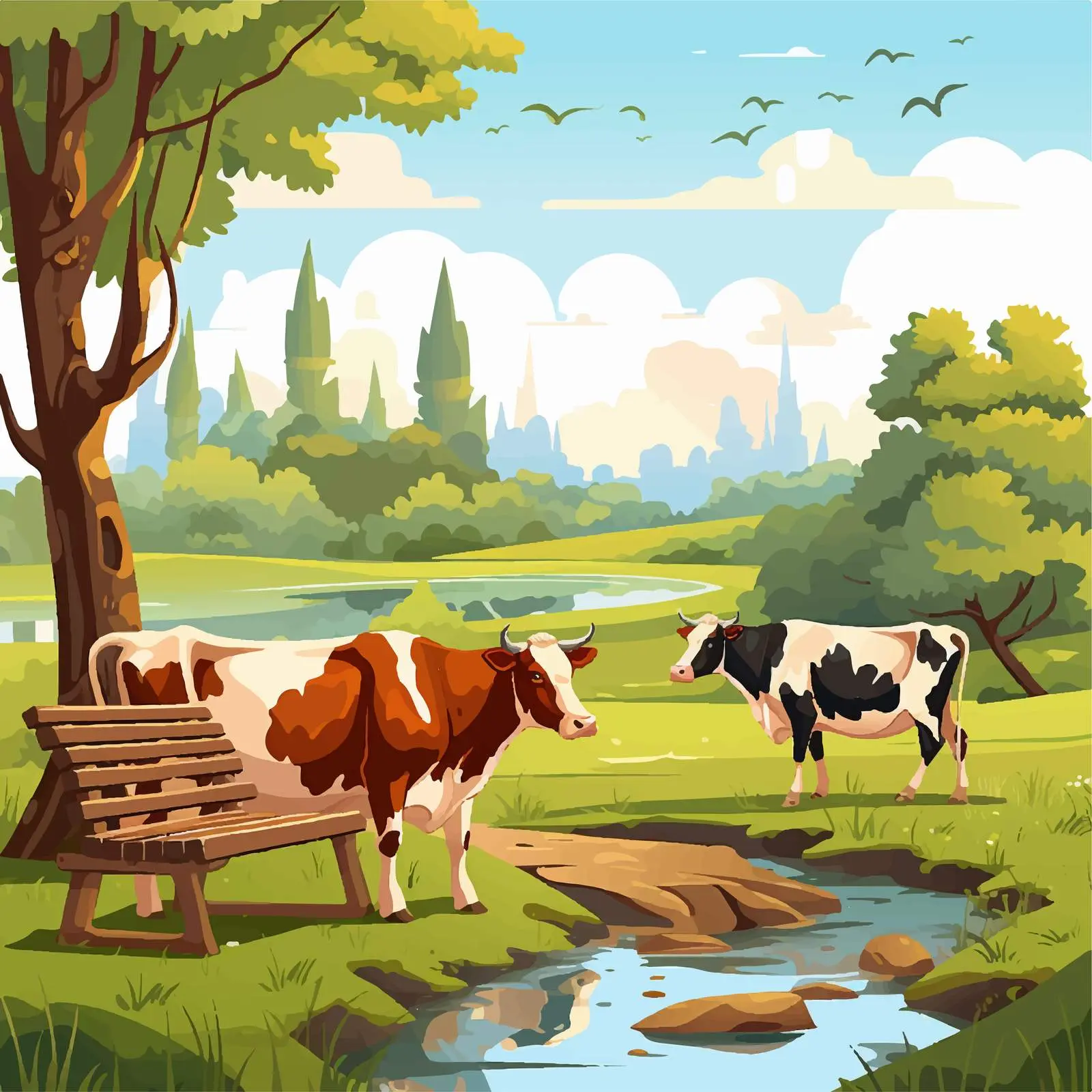 Cows in the Park Cartoon Illustration — free download from Dotvec