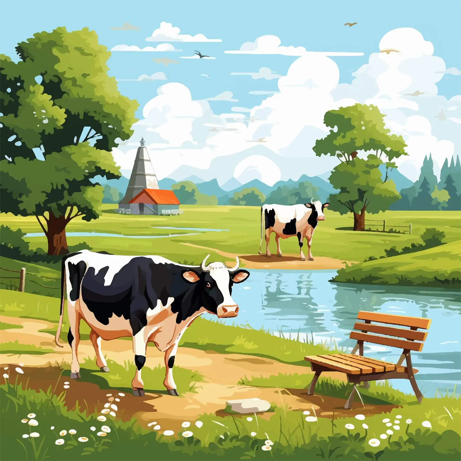 Cows in a Sunny Park Illustration Vector — free download from Dotvec