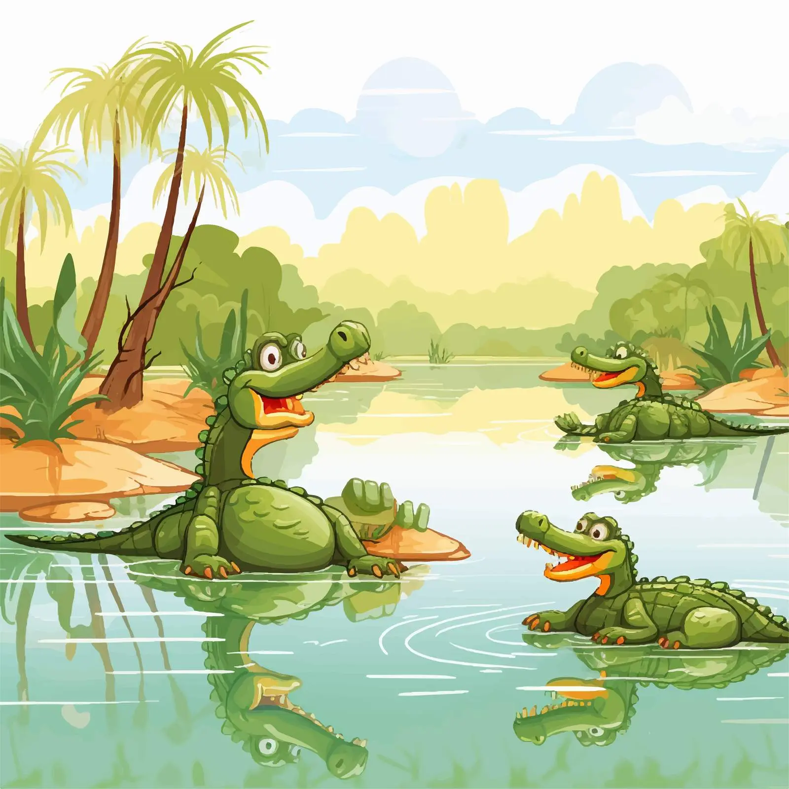 Crocodiles by the Pond Vector Illustration — free download from Dotvec