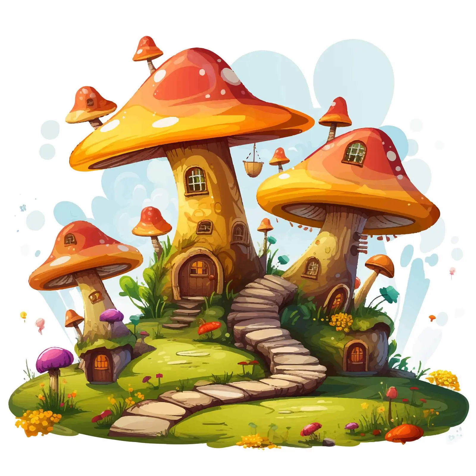 Fairies Flying Around Mushroom Houses Illustration — free download from Dotvec