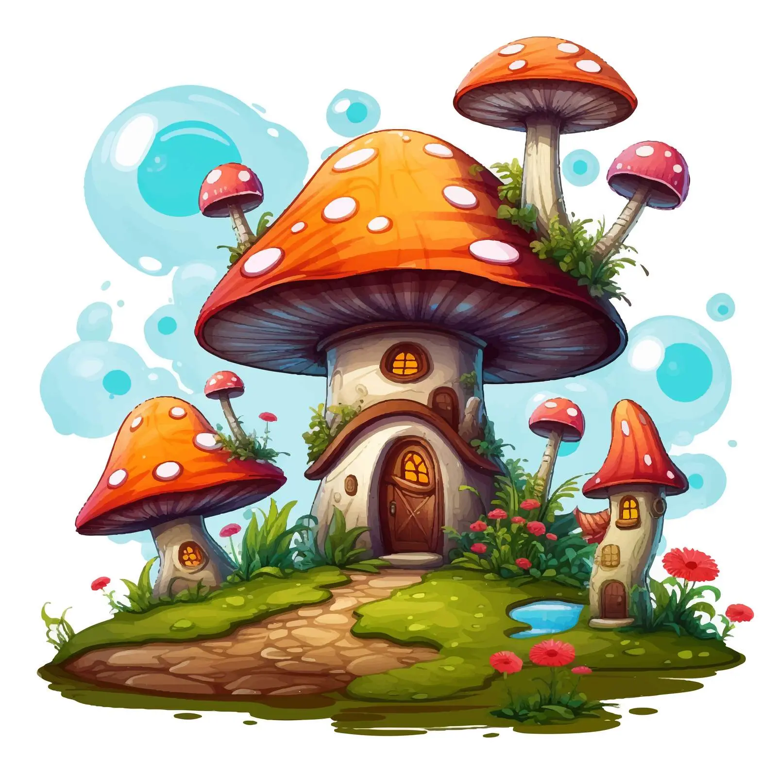 Fairies Flying Around Mushroom Houses Illustration — free download from Dotvec