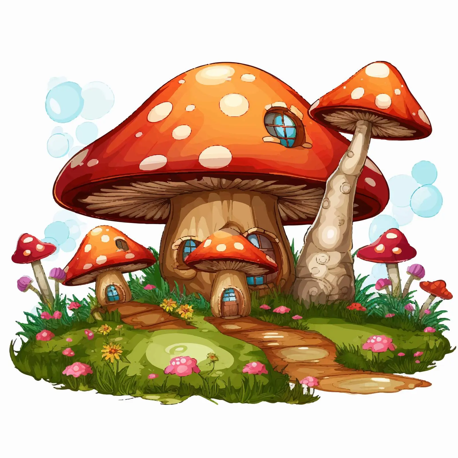 Fairies Flying Around Mushroom Houses Illustration — free download from Dotvec