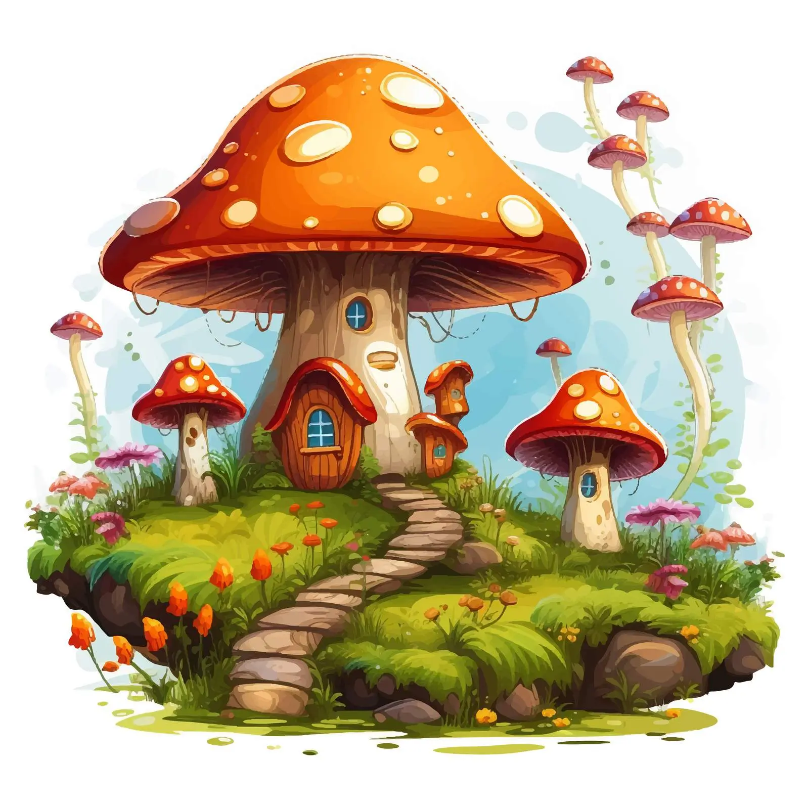 Fairies Flying Around Mushroom Houses Illustration — free download from Dotvec