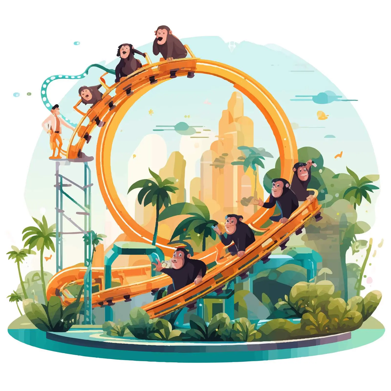 Happy Monkeys on Roller Coaster in Park – free cute monkeys image from Dotvec