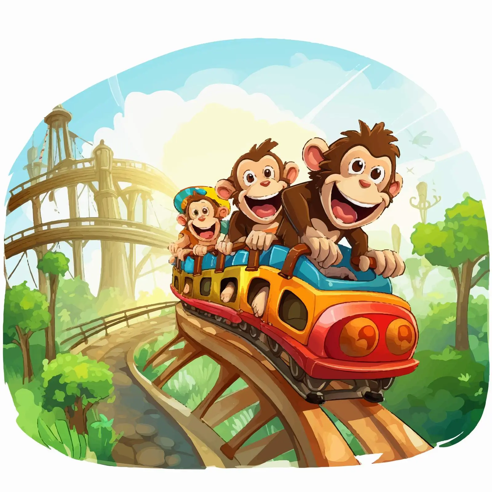 Happy Monkeys on Roller Coaster in Park — free download from Dotvec