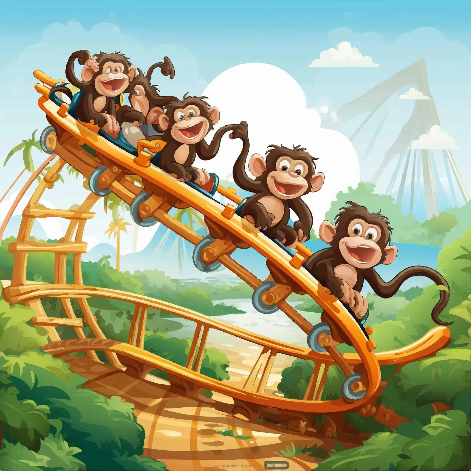 Happy Monkeys on Roller Coaster in Park – free cute monkeys image from Dotvec